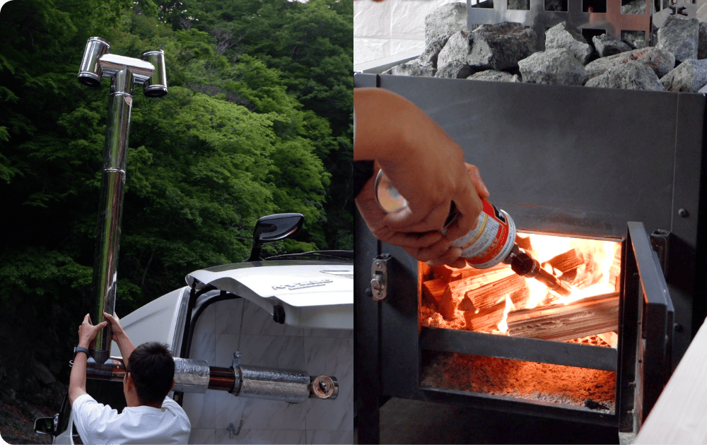 サウナカーの火おこし